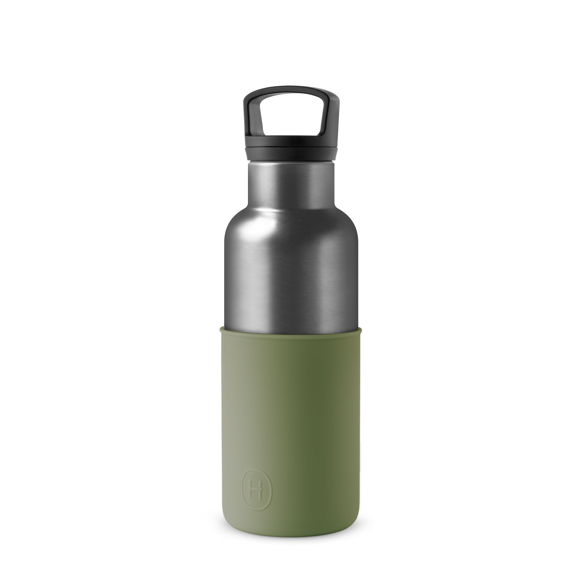 Titanium grey and army green HYDY 16 oz metal water bottle with a sleek, durable design and screw-top lid.