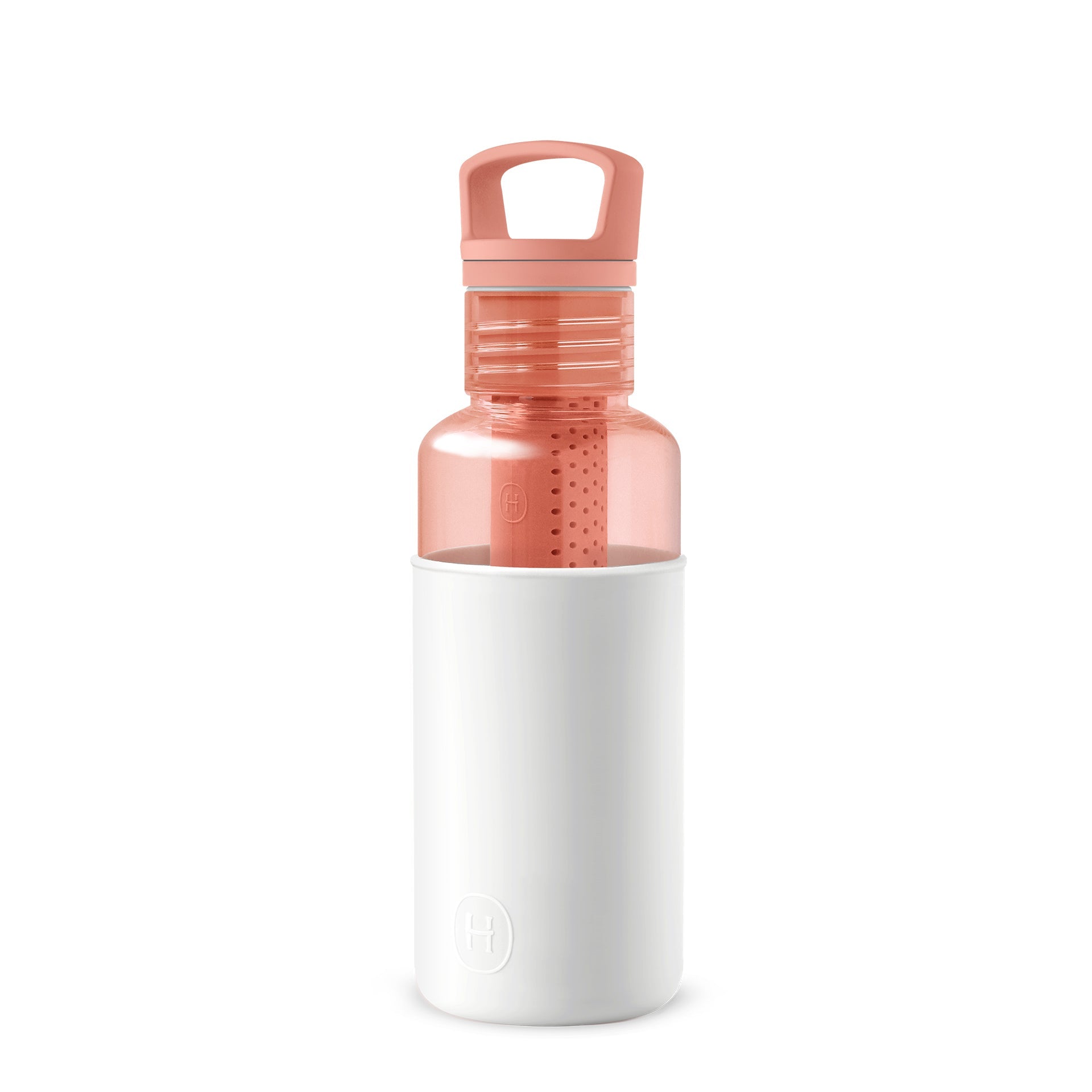 Peachy orange and white HYDY 20 oz water bottle with a sleek design and secure screw-on lid.