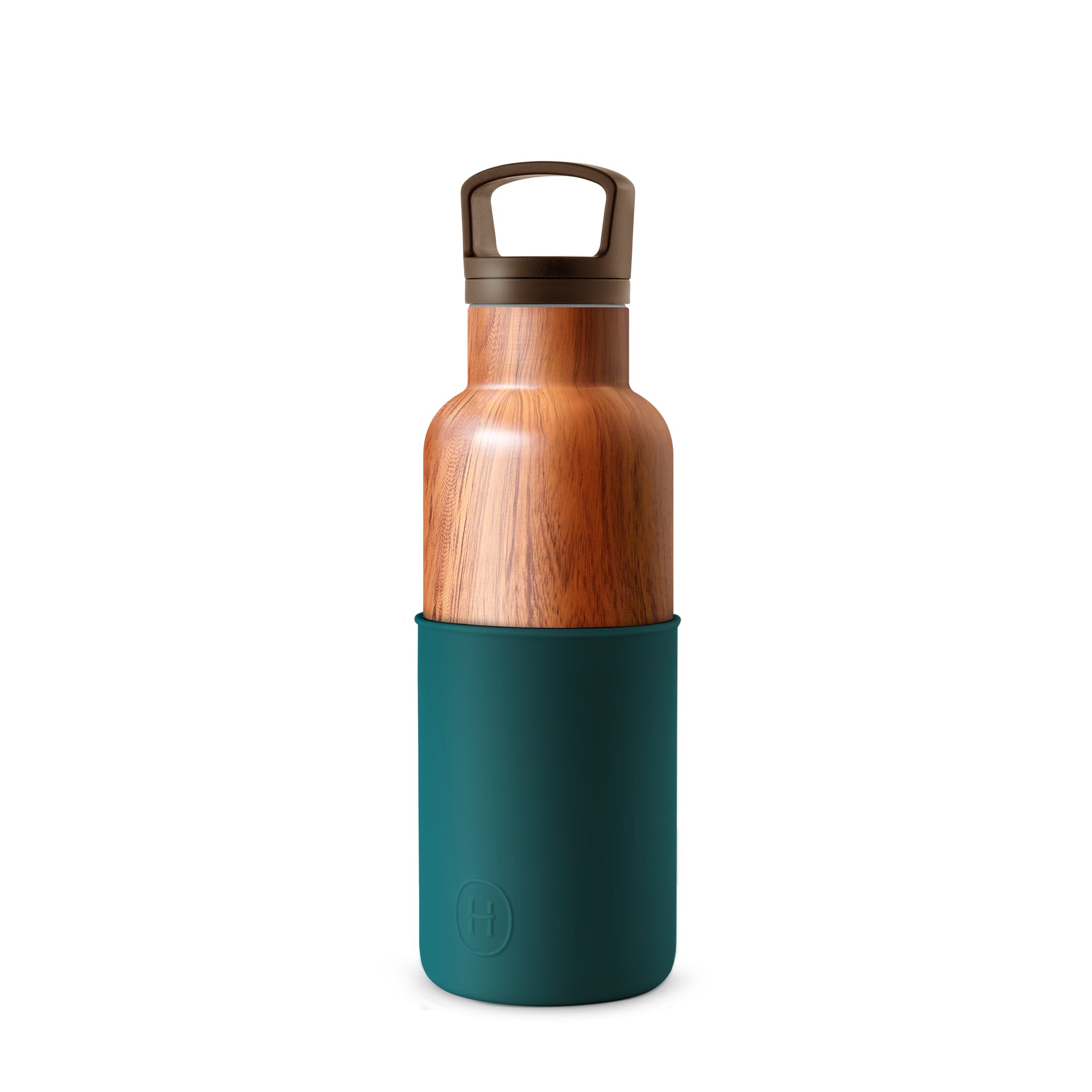 HYDY 16 oz wood grain bottle in peacock green, showcasing a sleek and durable design with a natural wood texture finish.
