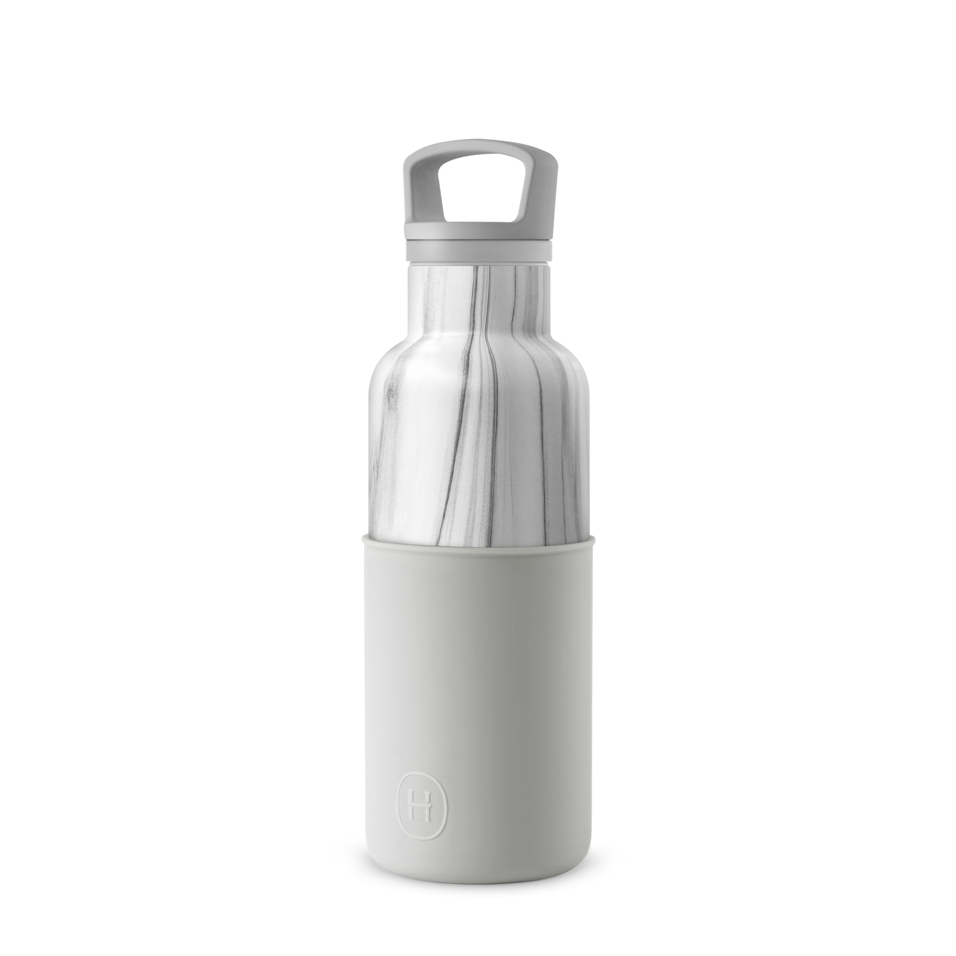 White marble and cloudy grey HYDY 16 oz glass bottle with a sleek, modern design and smooth finish.