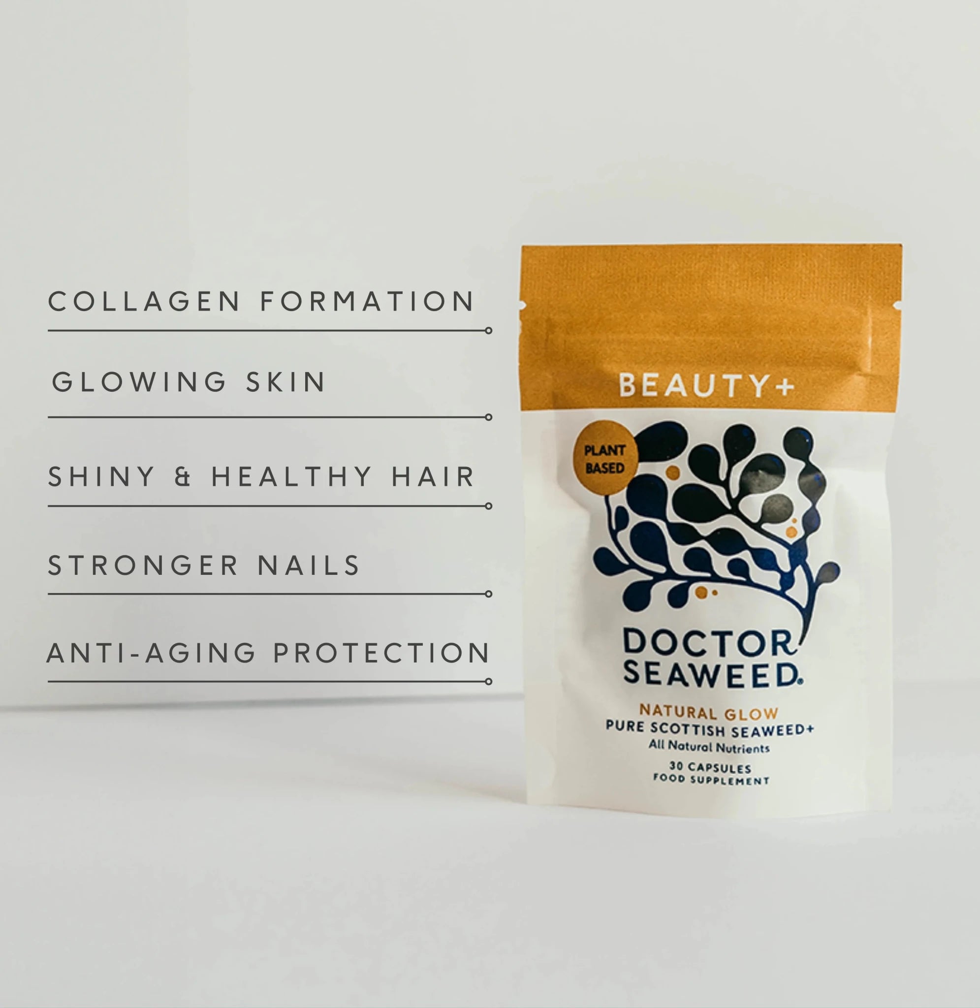 Infographic image displaying Doctor Seaweed Beauty+ vitamins and supplements, highlighting benefits for skin, hair, and overall beauty.
