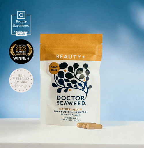 Doctor Seaweed Beauty+ vitamins and supplements bottle with colorful label, designed for skin health and overall beauty.