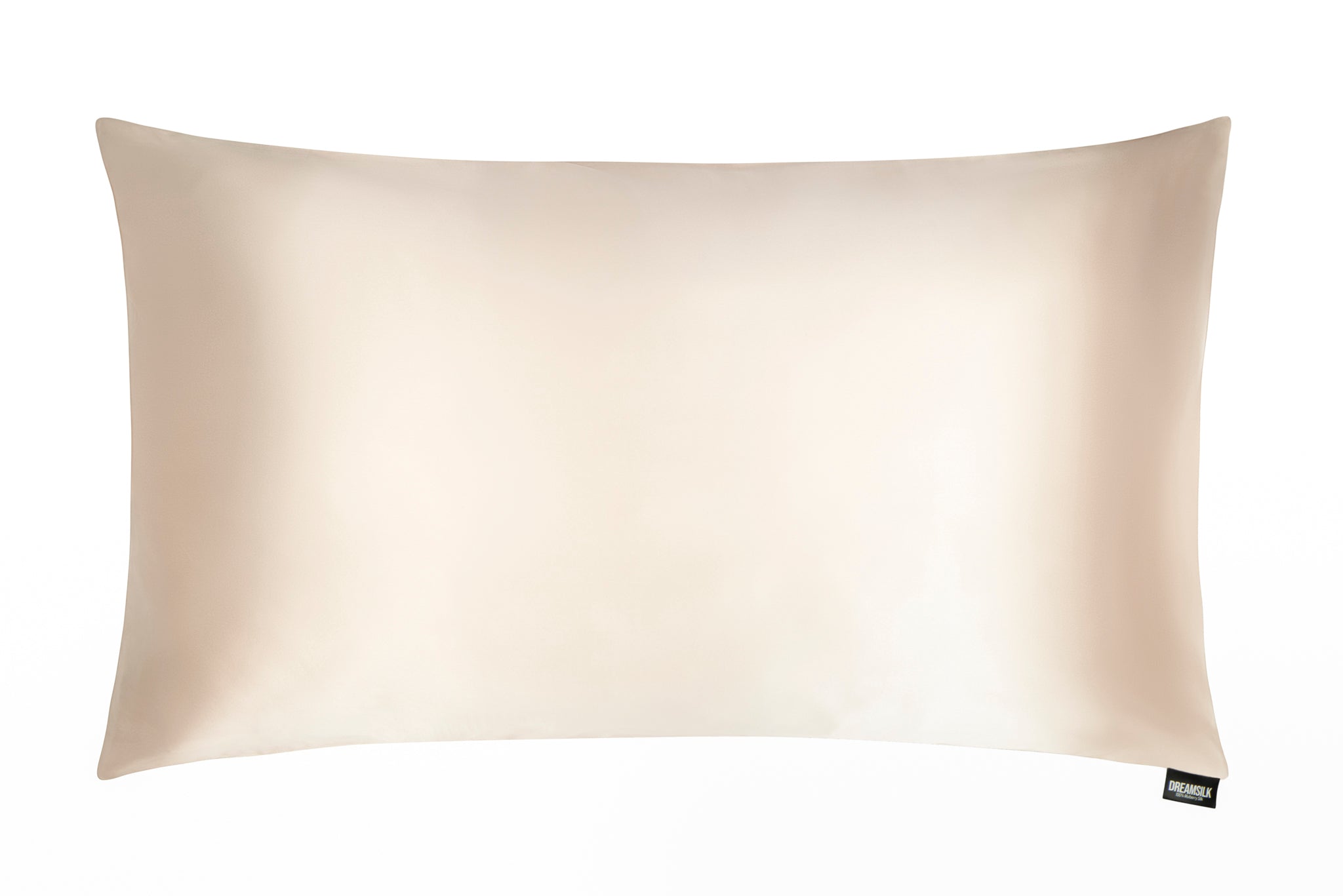 Beige luxury silk pillowcase from DREAMSILK, soft and smooth silk fabric for comfortable sleep and elegant bedroom decor.