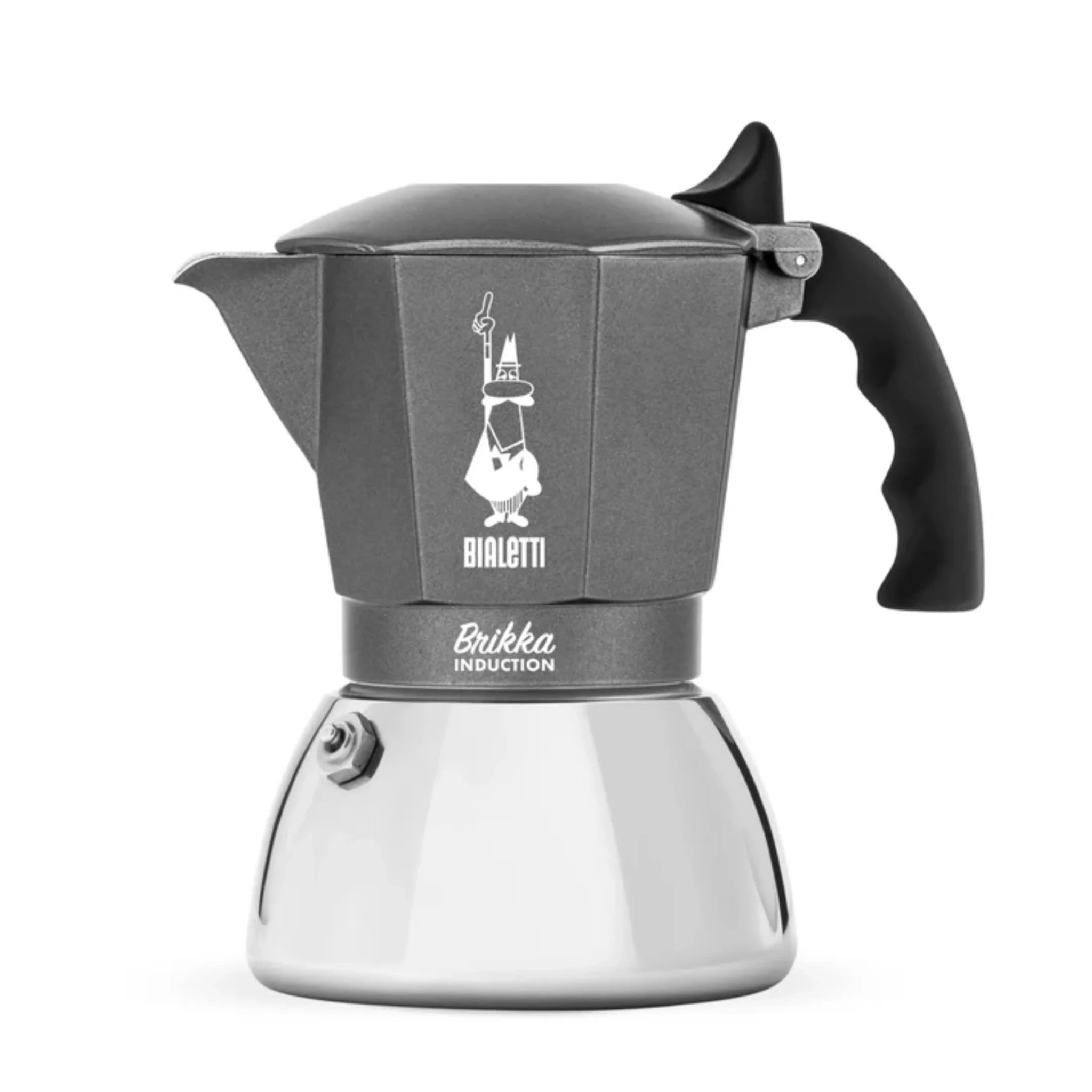 Bialetti Brikka induction stovetop coffee maker with stainless steel body and ergonomic handle for rich espresso brewing.