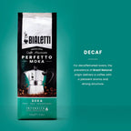 Bialetti Perfetto Moka stovetop coffee maker with Brew Italia decaf coffee beans, showcasing the brewing process and coffee grounds.