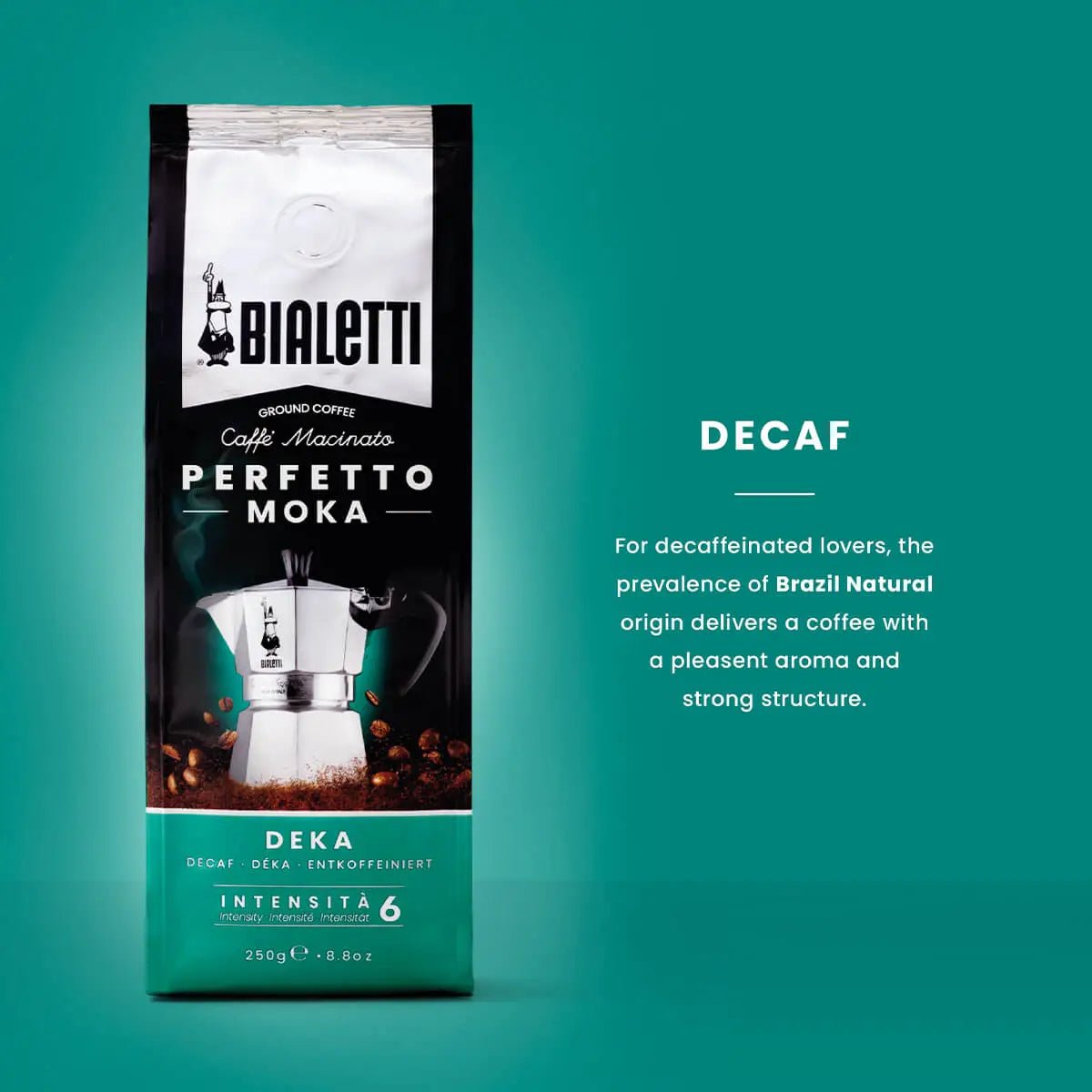Bialetti Perfetto Moka stovetop coffee maker with Brew Italia decaf coffee beans, showcasing the brewing process and coffee grounds.