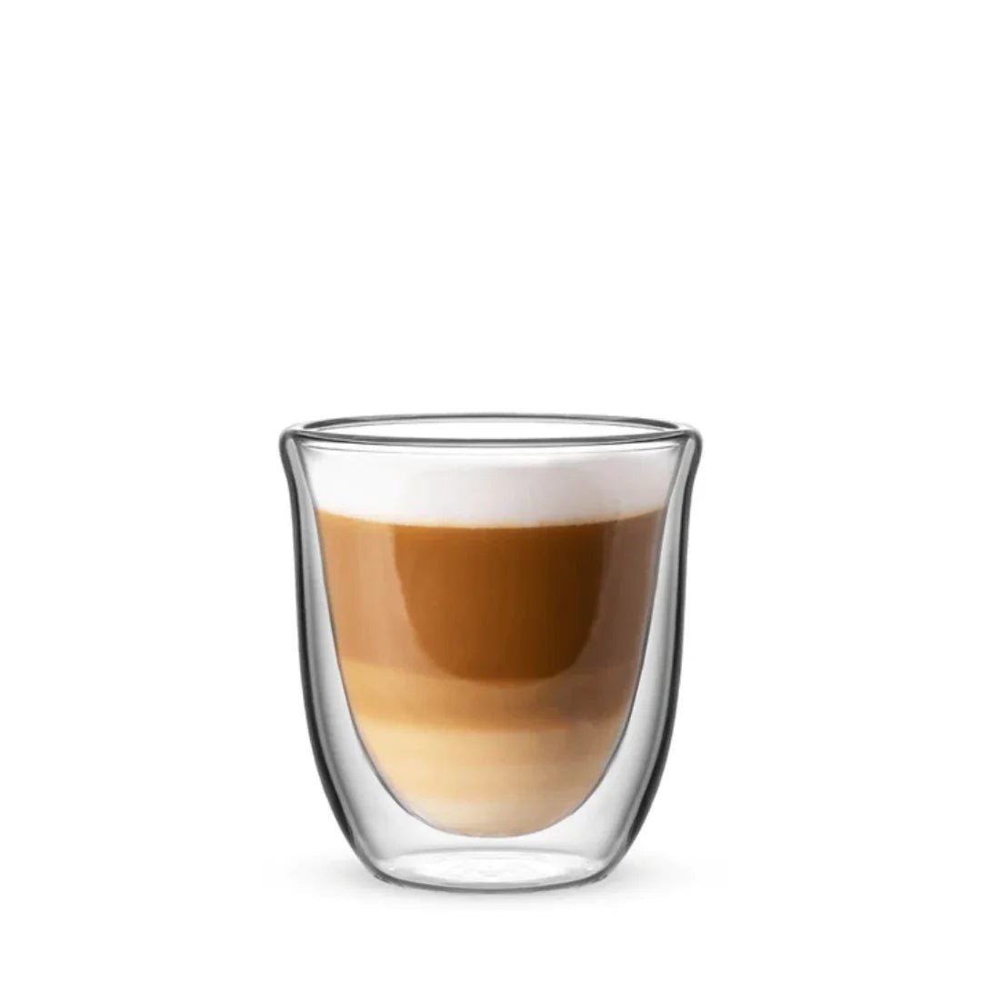 Brew Italia Firenze double walled glass tumblers set of 2, 200ml coffee glasses with clear design and double wall insulation.