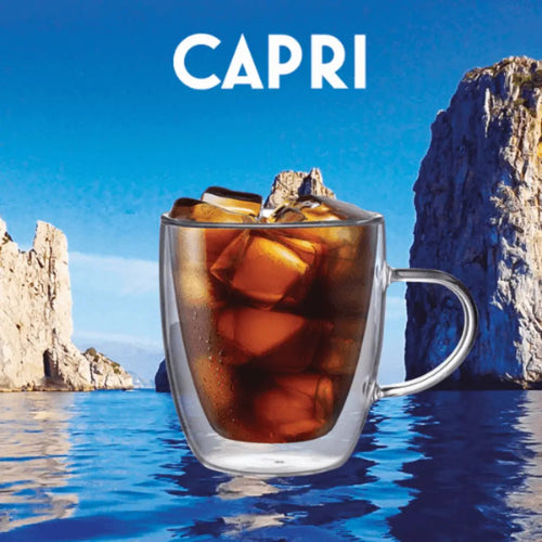 Set of two Brew Italia Capri double-walled glass mugs, 350ml Bialetti style coffee cups with clear insulation and modern design.