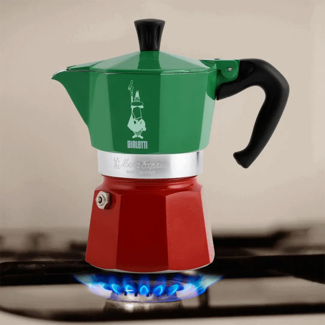 Bialetti Moka Express Tricolore Italia stovetop coffee maker with red, white, and green colors, made by Brew Italia.