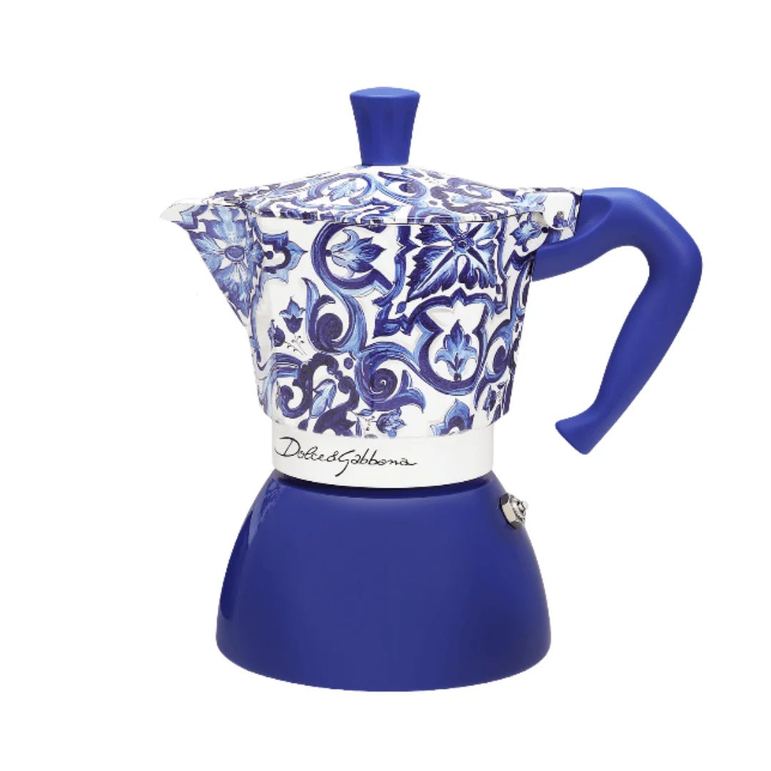 Bialetti Blue Mediterranean Moka coffee maker for induction, Brew Italia brand, 6-cup size, sleek blue design with Dolce&Gabbana style accents.