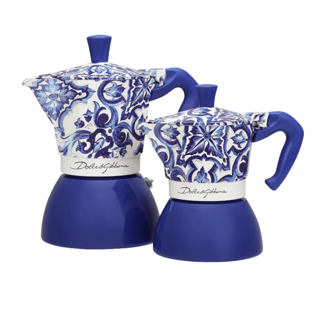 Bialetti Blue Mediterranean Moka Induction coffee maker by Brew Italia from Dolce&Gabbana collection, with blue design and stainless steel handle.