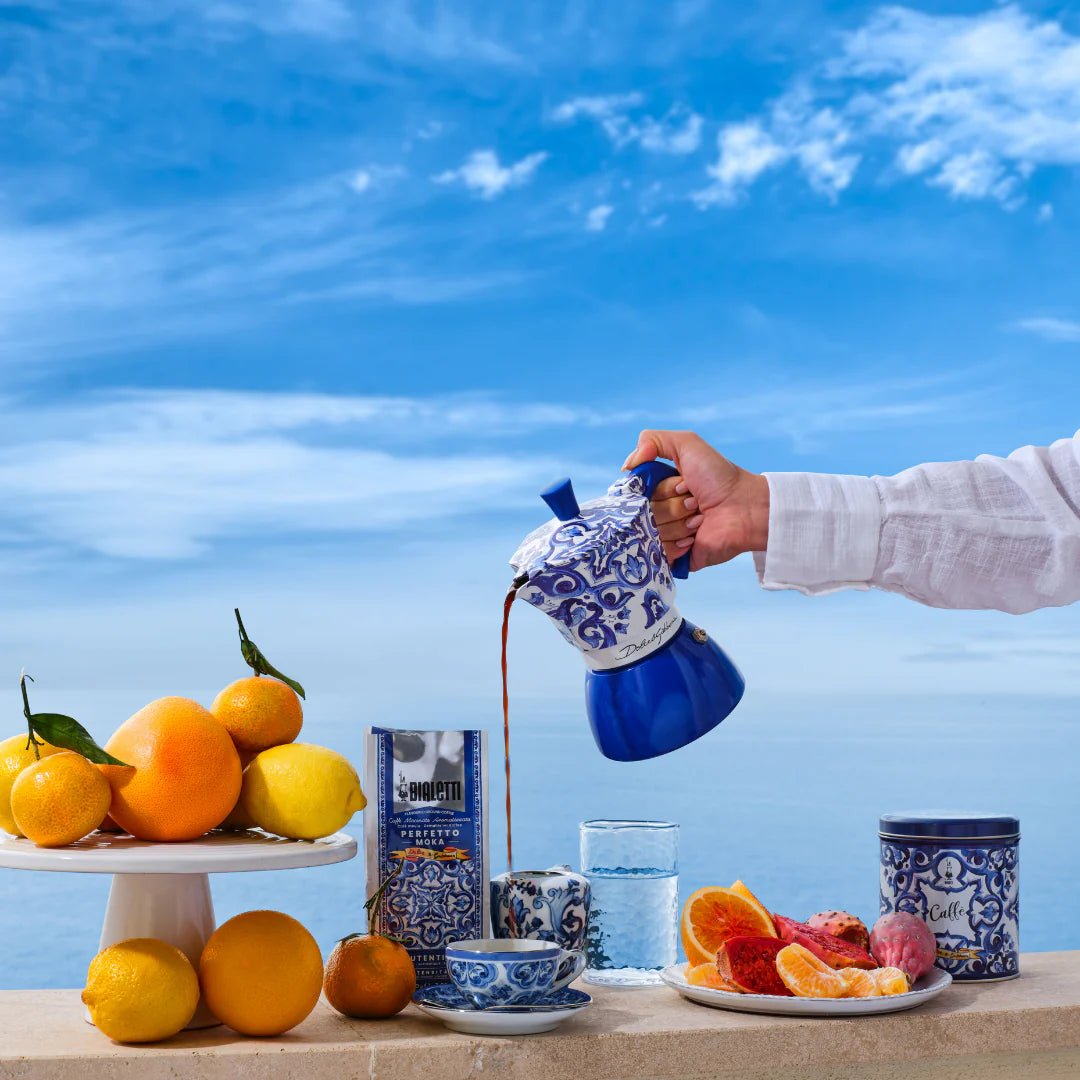 Bialetti Blue Mediterranean Moka Induction coffee maker by Brew Italia, featuring a stylish blue design for induction stovetops.