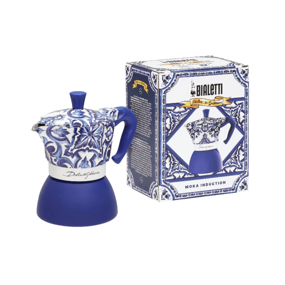Bialetti Blue Mediterranean Moka coffee maker by Brew Italia with Dolce&Gabbana branding, designed for induction stovetops.