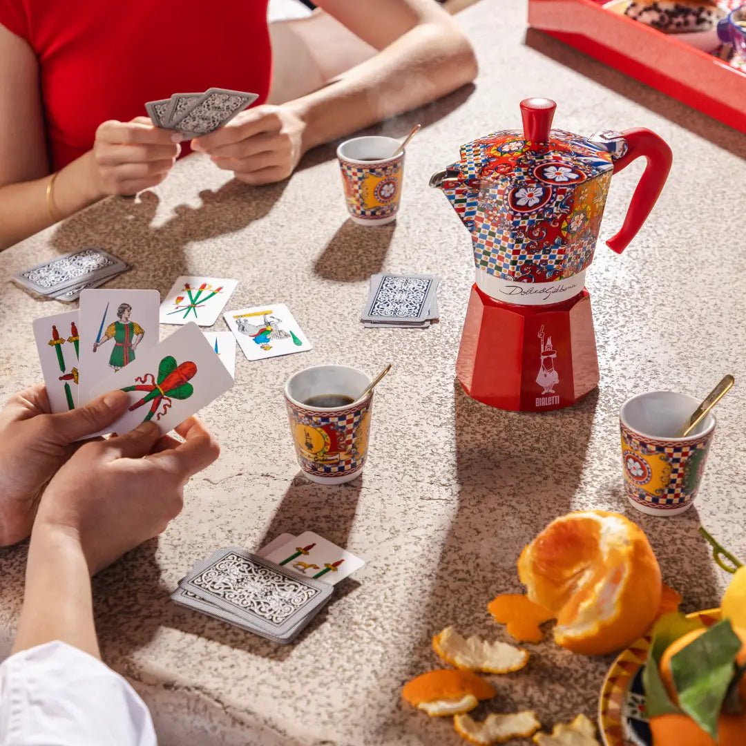 Bialetti Sicilian Cart Moka Express coffee maker with colorful traditional Sicilian design for rich espresso brewing.