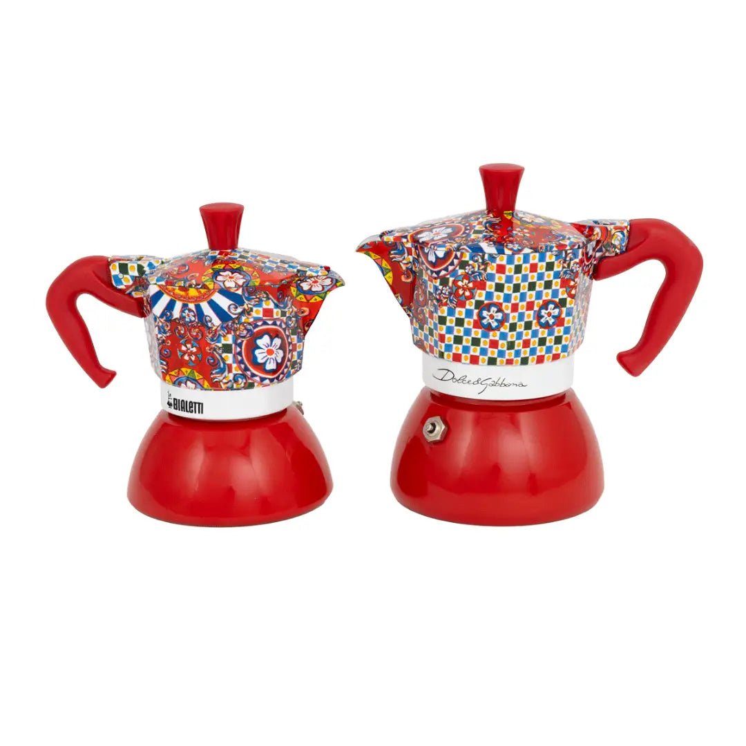 Bialetti Brew Italia Sicilian Cart Moka coffee maker for induction, with 2 and 4 cup sizes, featuring colorful Sicilian-inspired design.