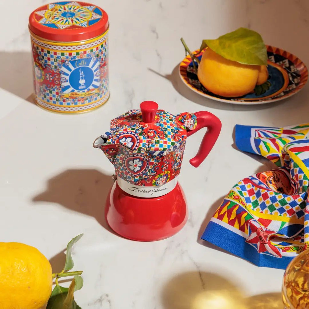 Bialetti Sicilian Cart Moka for induction stoves, part of the Dolce&Gabbana collection, by Brew Italia.