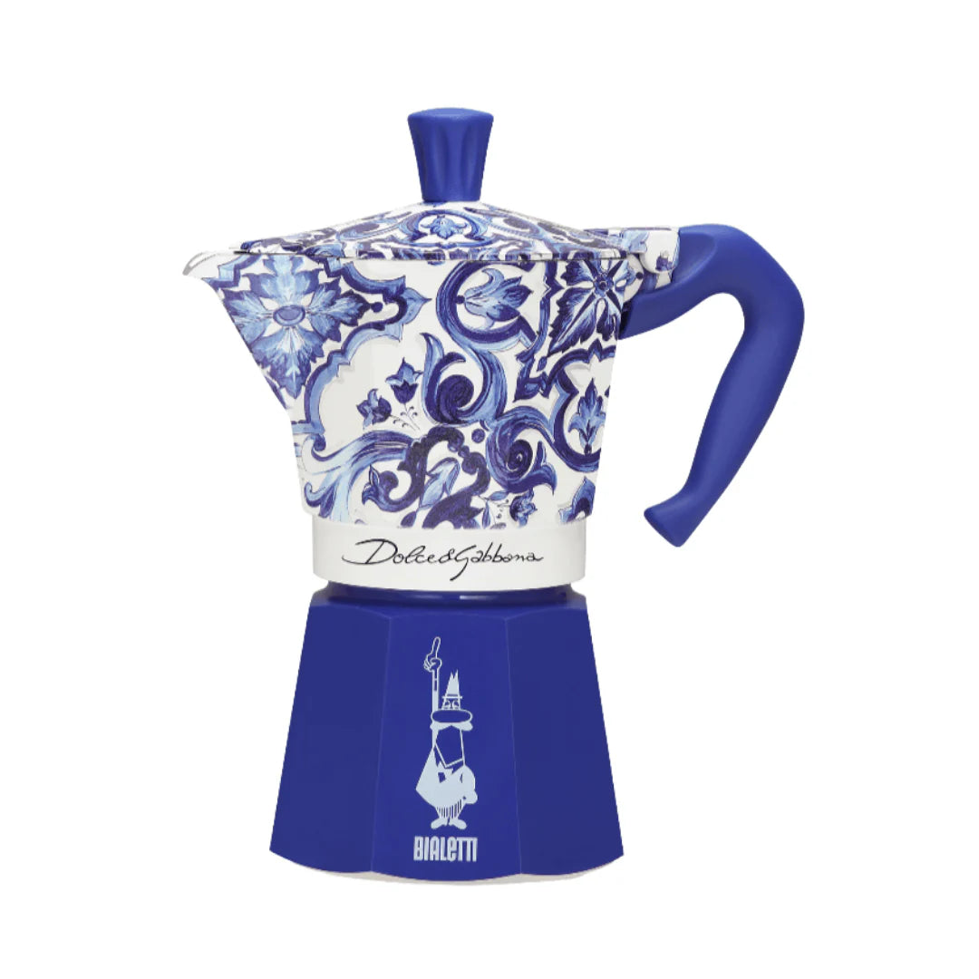 Bialetti X Dolce&Gabbana Blue Mediterranean Moka Express coffee maker with Italian design and blue floral pattern, 6-cup size.