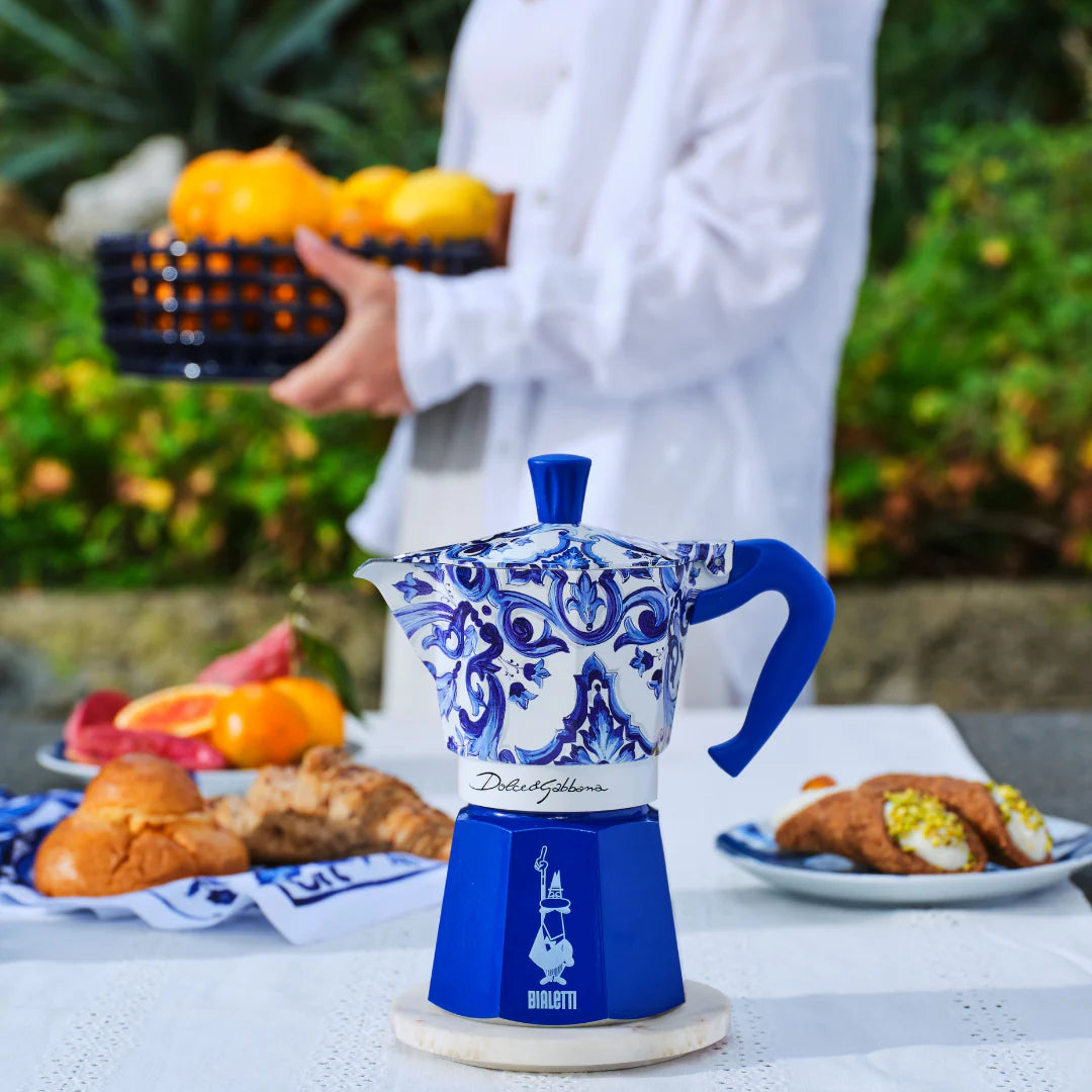 Bialetti X Dolce&Gabbana Blue Mediterranean Moka Express coffee maker from Brew Italia, featuring blue patterned design and stainless steel build.