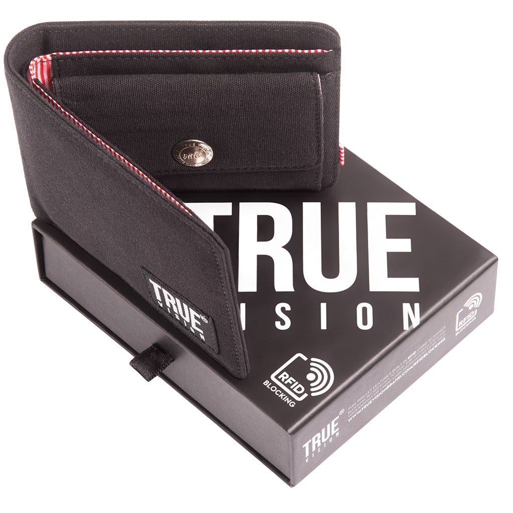Black truevisionbrand bi-fold wallet open showing card slots and cash compartment on a white background.