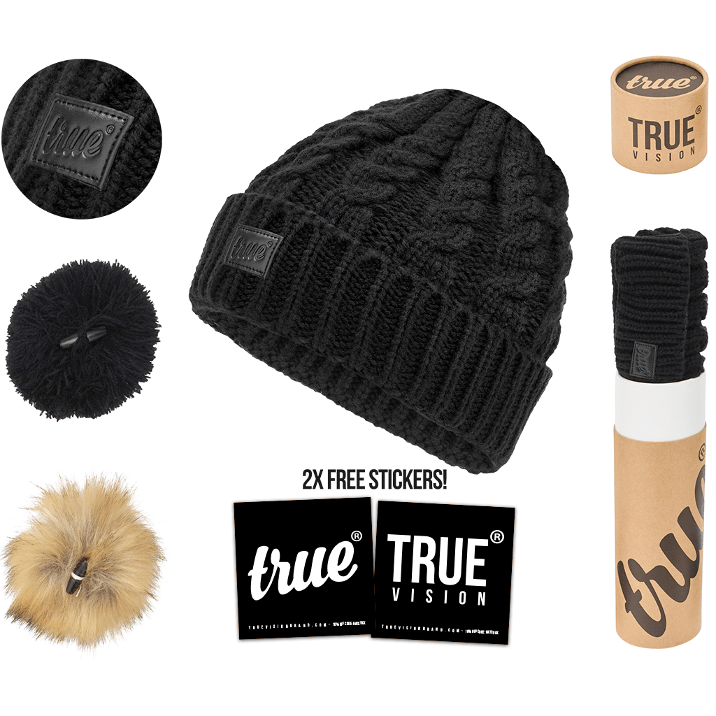 Black bobble beanie hat by truevisionbrand, featuring a cozy knit design and a stylish pom-pom on top.