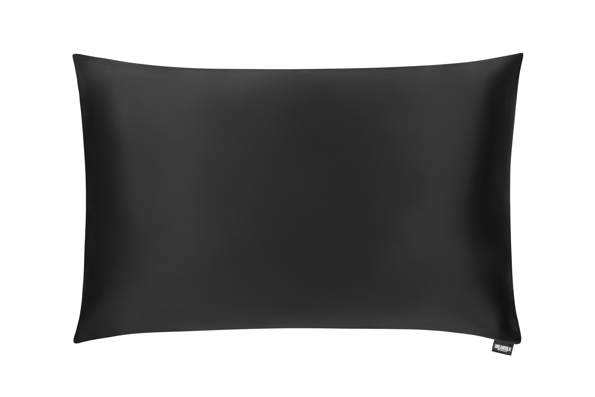 Black luxury silk pillowcase by DREAMSILK, smooth and shiny silk fabric perfect for comfortable sleep and elegant bedroom decor.