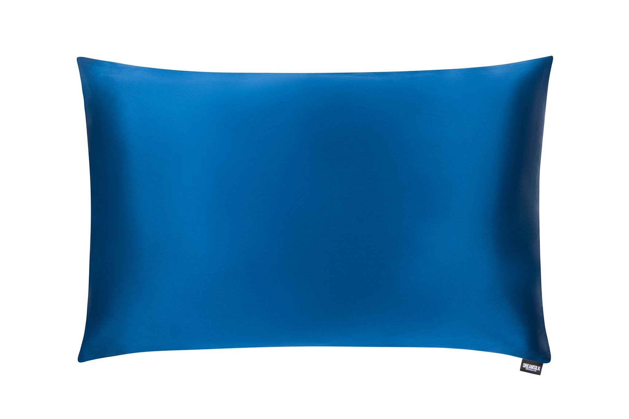 Blue DREAMSILK luxury silk pillowcase showing smooth fabric and elegant stitching for a restful sleep.