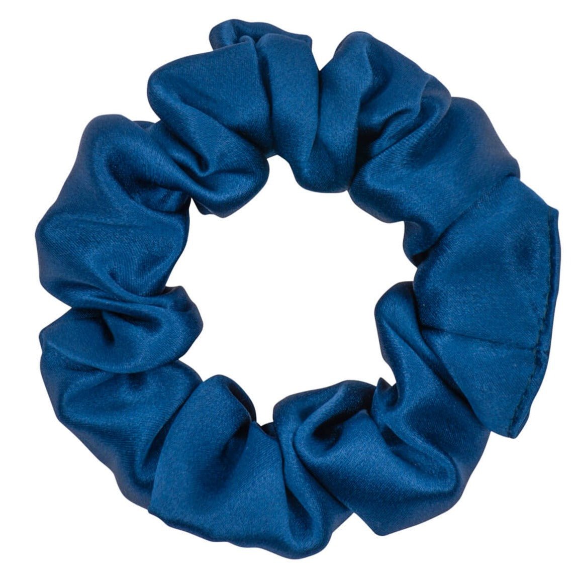 Navy blue silk scrunchie from DREAMSILK, showing soft, shiny silk fabric and elastic band for gentle hair hold.