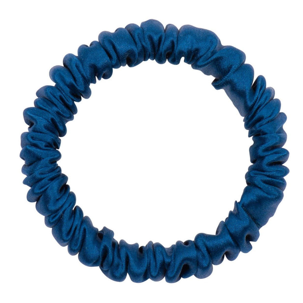 Navy blue silk scrunchie by DREAMSILK, skinny style, soft and smooth silk fabric perfect for hair accessories.