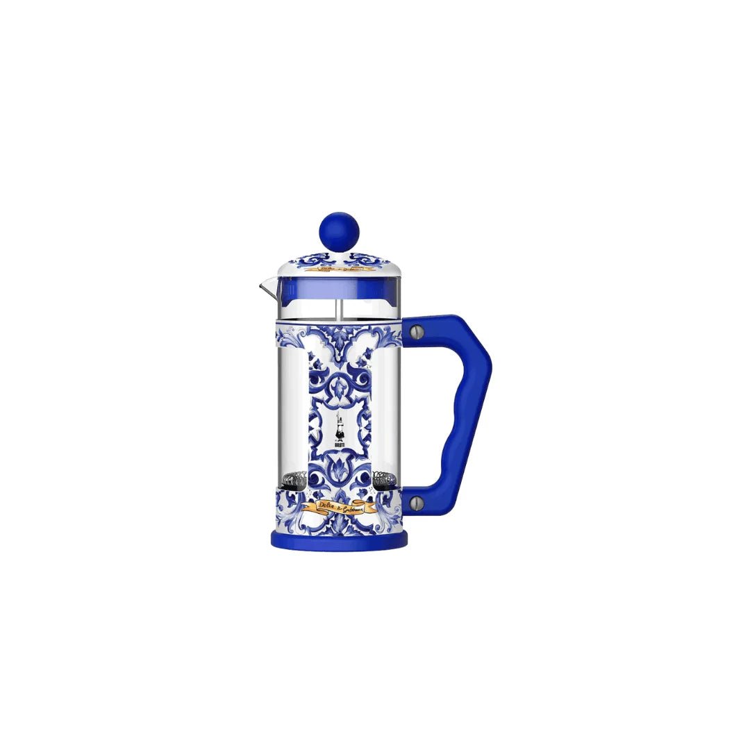 Blue Bialetti X Dolce&Gabbana Mediterranean French press by Brew Italia, 3-cup coffee maker with stylish design.