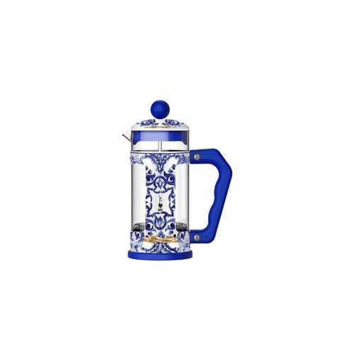 Blue Bialetti X Dolce&Gabbana Mediterranean French press by Brew Italia, 3-cup coffee maker with stylish design.