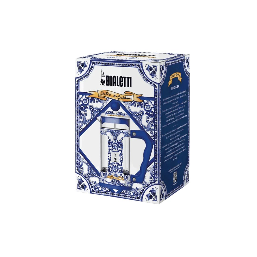 Bialetti X Dolce&Gabbana Blue Mediterranean 8-cup French press coffee maker by Brew Italia, with vibrant blue design and glass body.