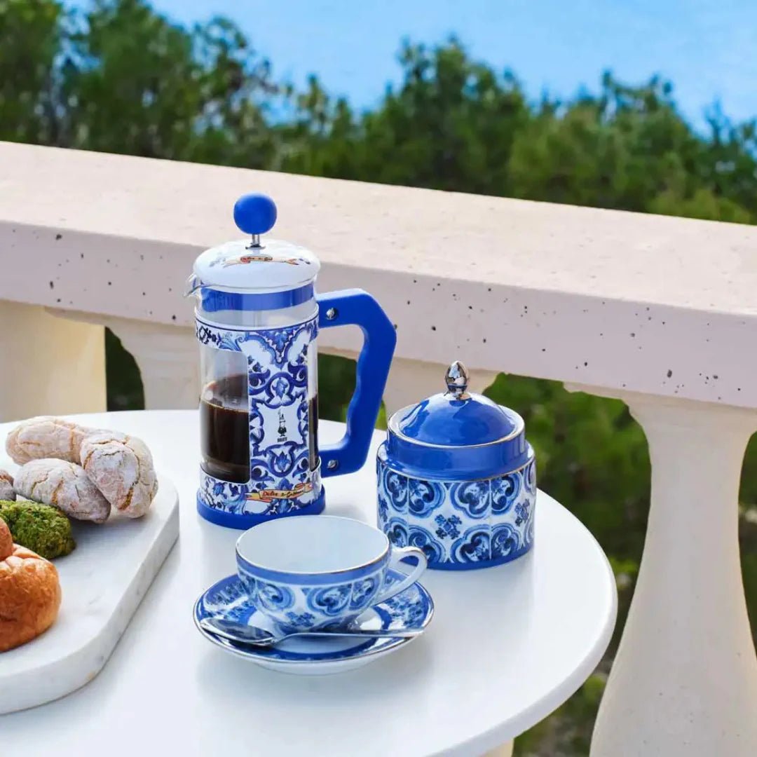 Blue Mediterranean Bialetti X Dolce&Gabbana French press coffee maker with Brew Italia branding, 8-cup capacity, stylish design.