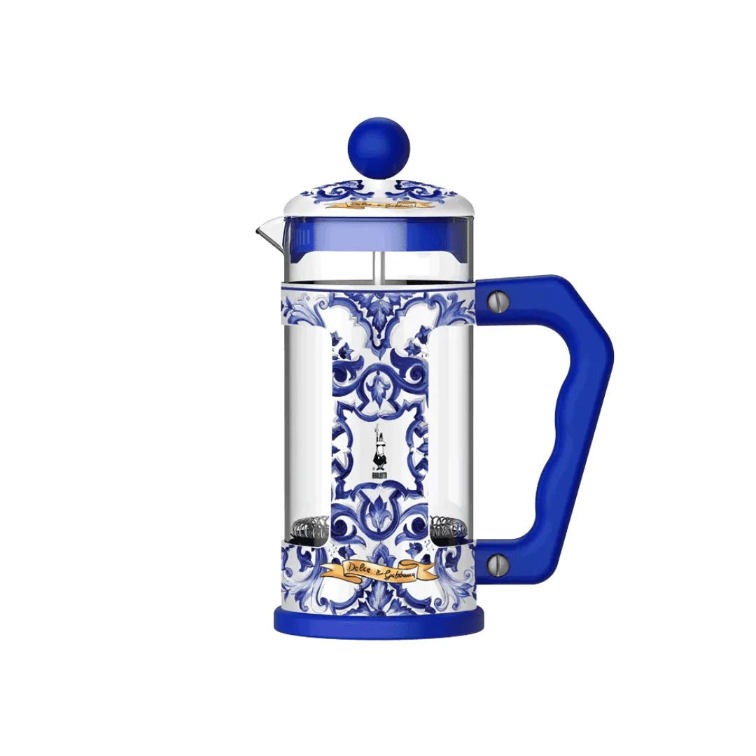 Blue Bialetti Dolce&Gabbana Mediterranean French press coffee maker by Brew Italia with elegant blue design and 8-cup capacity.