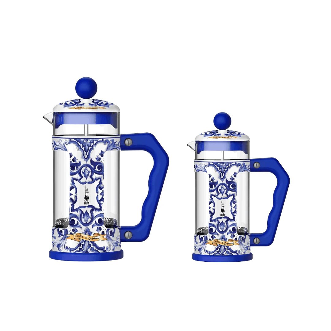Blue Mediterranean Bialetti X Dolce&Gabbana 8-cup French press by Brew Italia with stylish blue design and stainless steel accents.