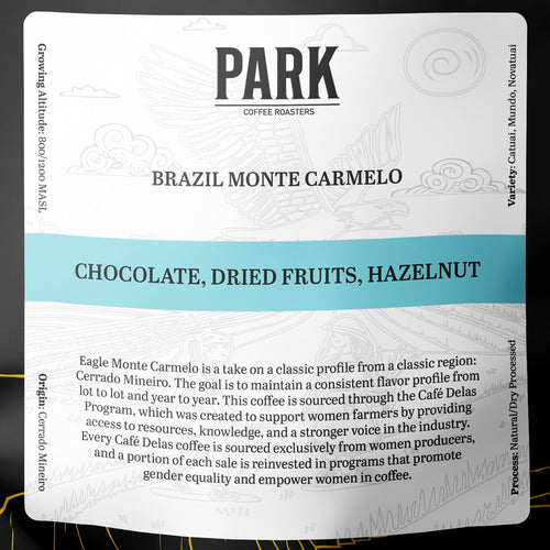 Close-up of roasted Brazil Eagle Monte Carmelo coffee beans by Park Coffee, showcasing rich, glossy coffee beans in a natural setting.