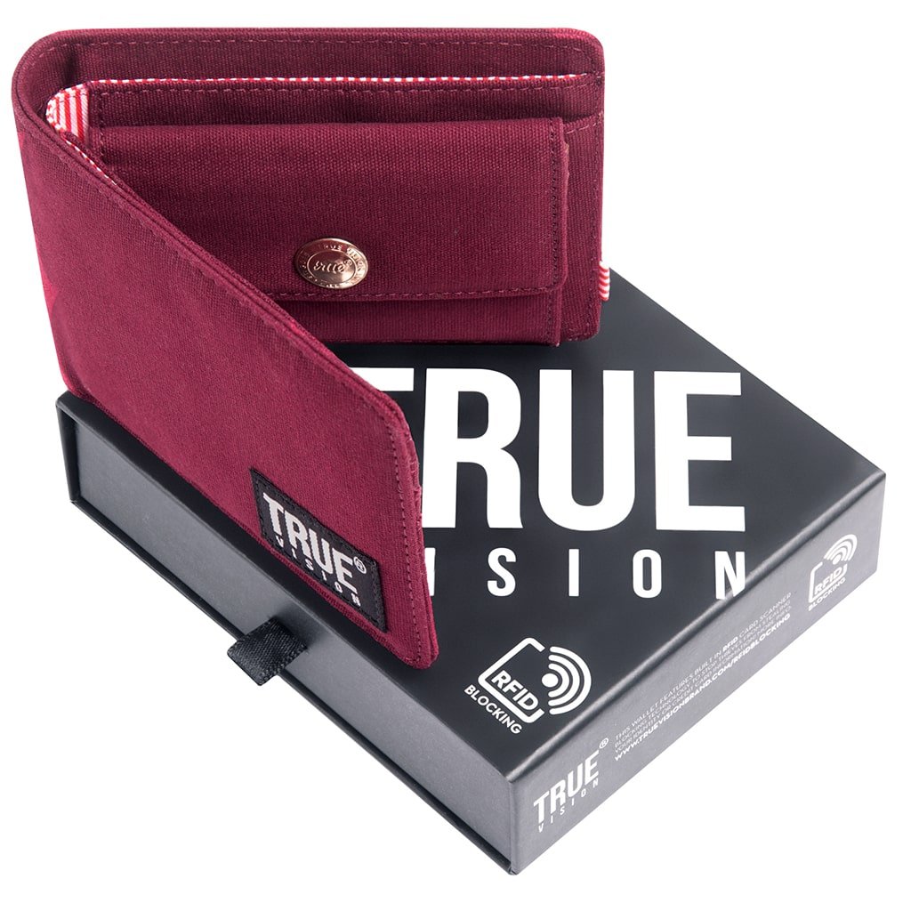 Burgundy leather bi-fold wallet by truevisionbrand showing multiple card slots and a cash compartment.