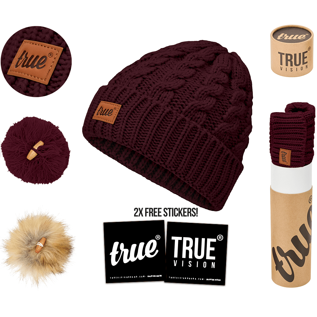 Burgundy bobble beanie hat from truevisionbrand, cozy knit winter accessory with a playful pom-pom on top