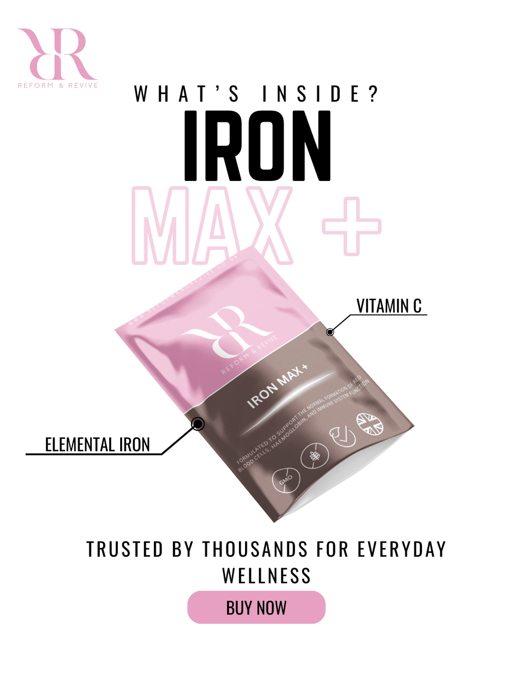 Reform and Revive Iron Max wellness tablets, 30/180 count, dietary supplement with iron for energy and health support.