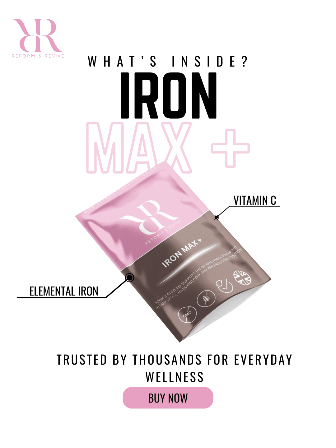 Reform and Revive Iron Max wellness tablets, 30/180 count, dietary supplement with iron for energy and health support.