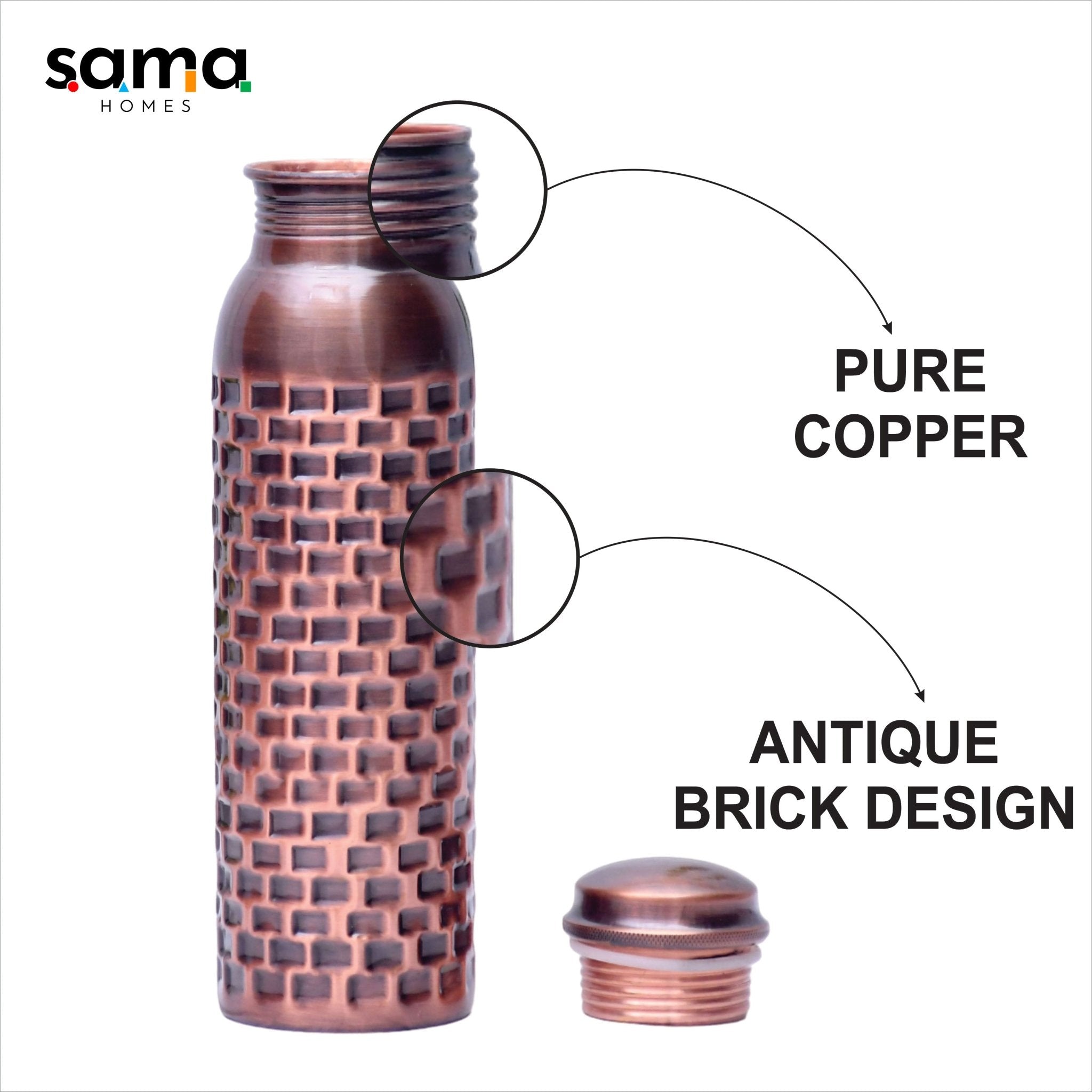 Antique copper water bottle with brick design, 1000ML capacity, from SAMA Homes, showcasing a vintage-style copper bottle.