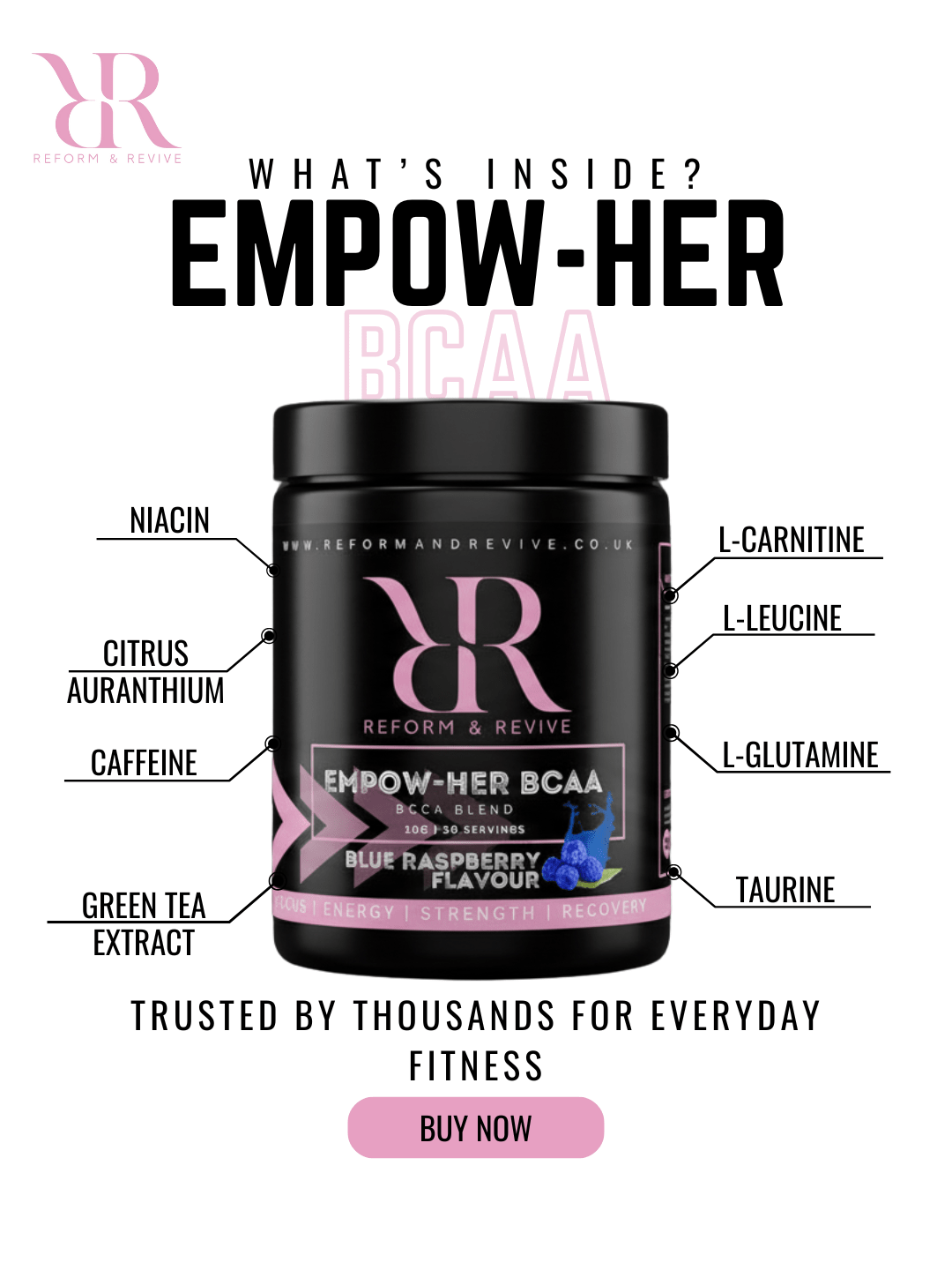 Reform and Revive EmpowHER Recovery Aminos 6:1:1 formula supplement, featuring amino acids for fitness recovery and muscle support.