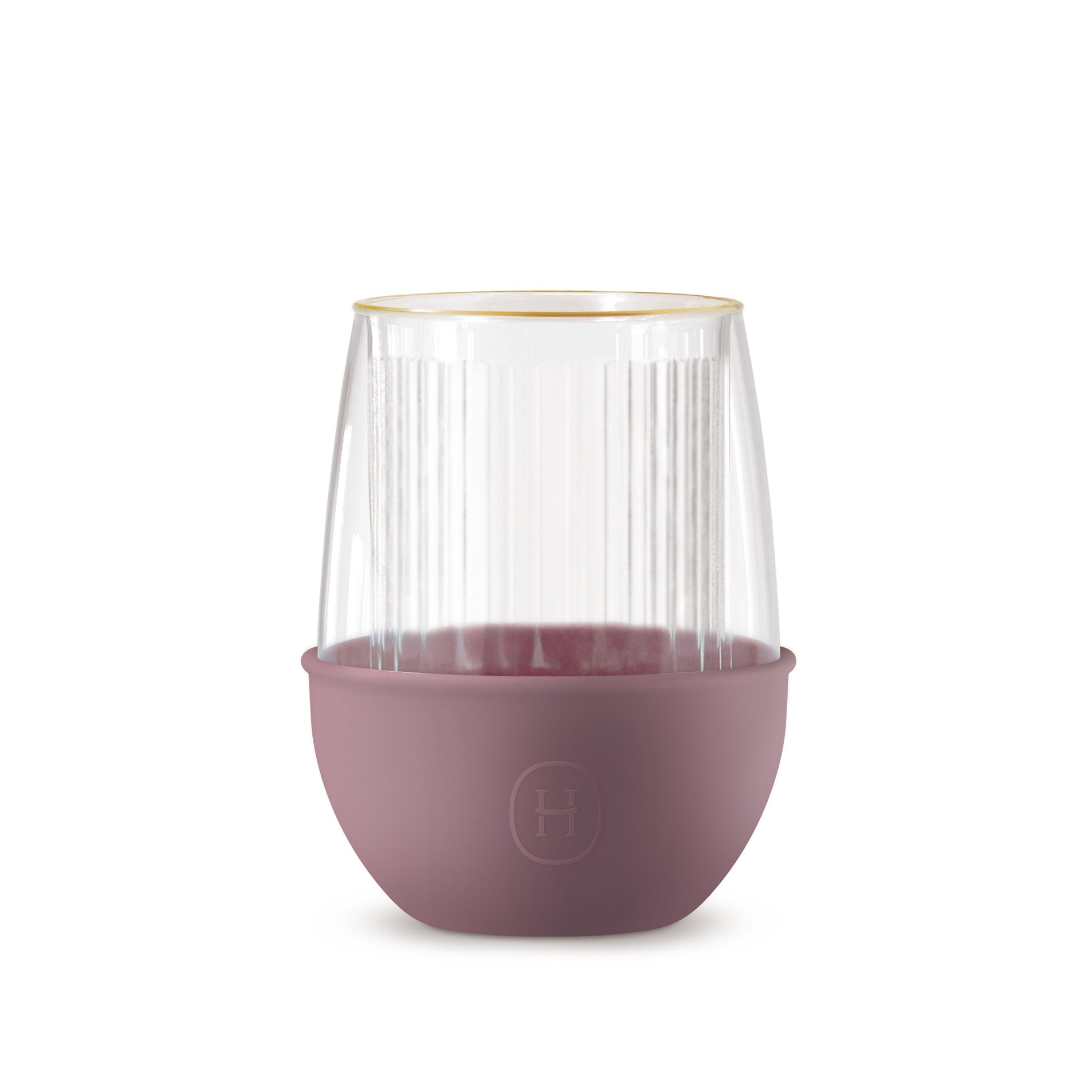 Clear glass with dusty rose and stripe design, 8 oz HYDY product, showcasing the decorative pattern and smooth surface.