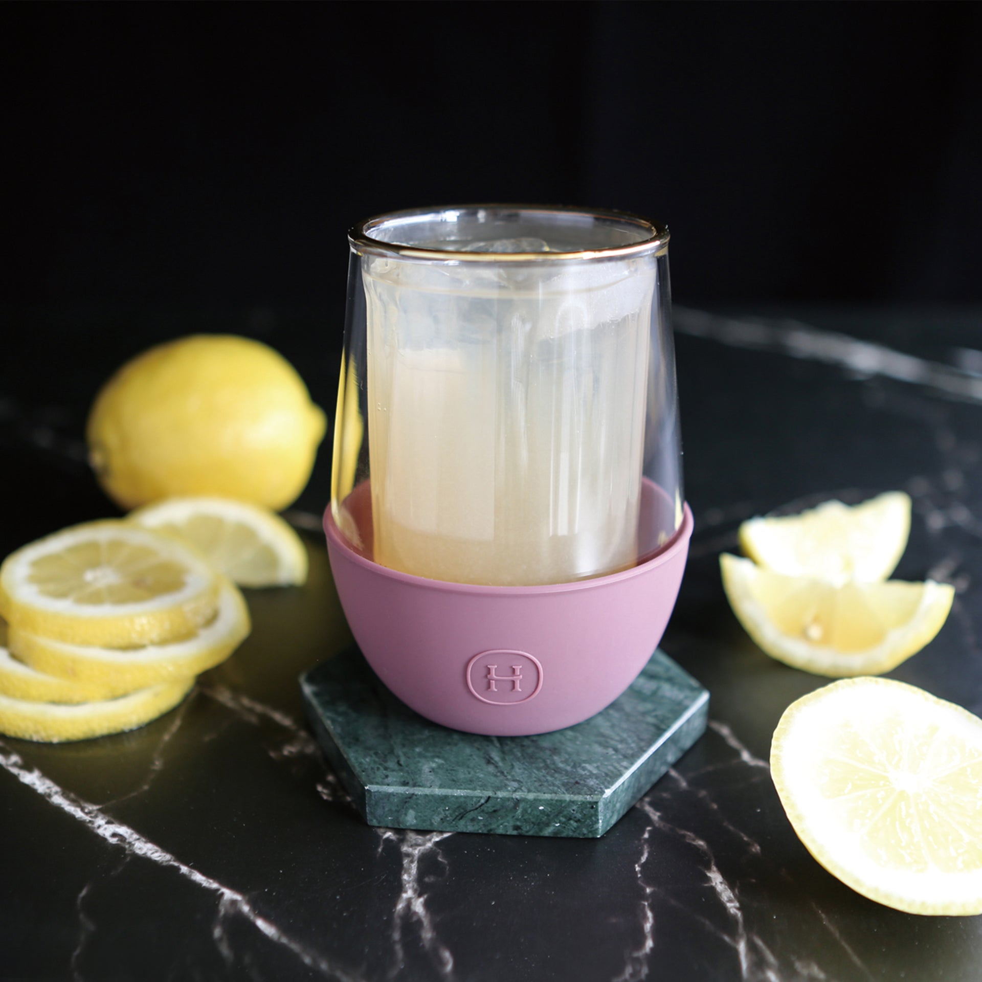 HYDY glass with dusty rose and stripe design, 8 oz size, showcasing a stylish and elegant drinkware piece.