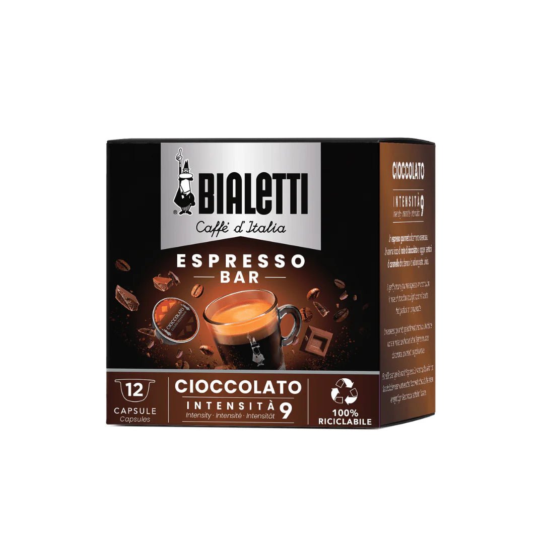 Bialetti Brew Italia Caffe’ d’Italia Chocolate Coffee Capsules compatible with Gioia espresso machines, shown in a close-up image