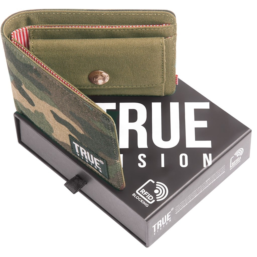 Truevisionbrand camouflage bi-fold wallet open with card slots and cash compartment on a neutral background.