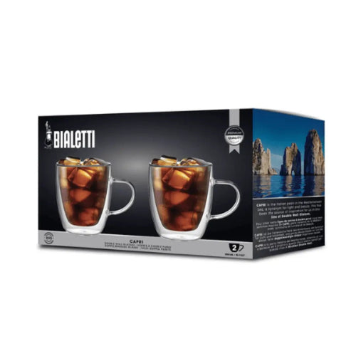 Bialetti Brew Italia Capri double-walled glass mugs with handles, set of 2, 350ml capacity, showcasing clear glass design