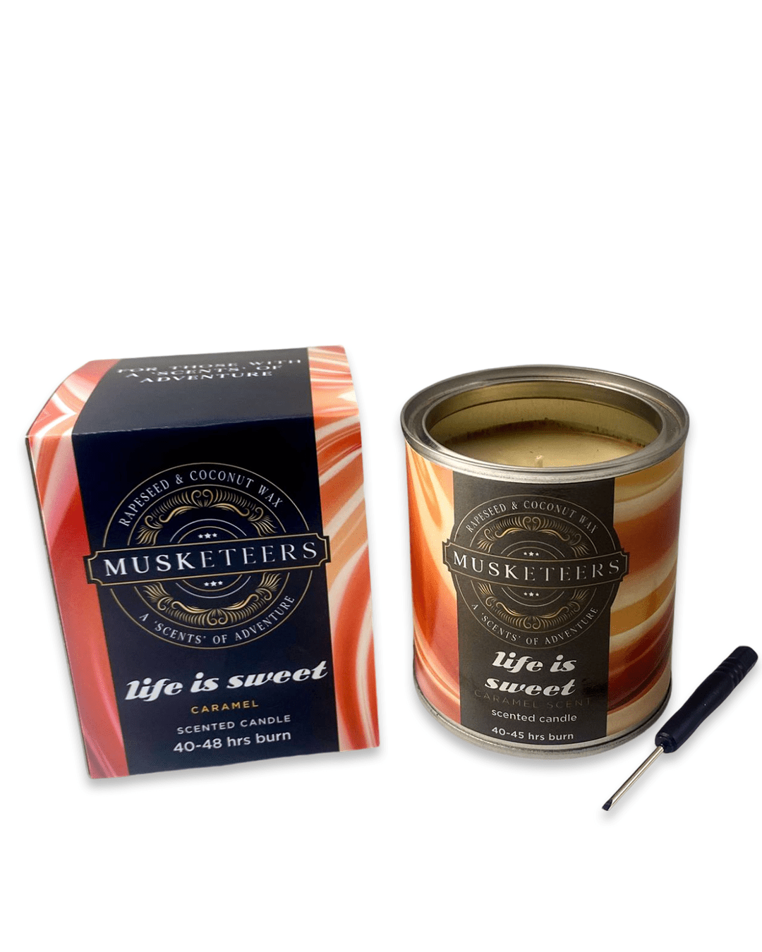 Musketeers Life is Sweet caramel candle with a warm, inviting caramel-colored wax and a burning wick.