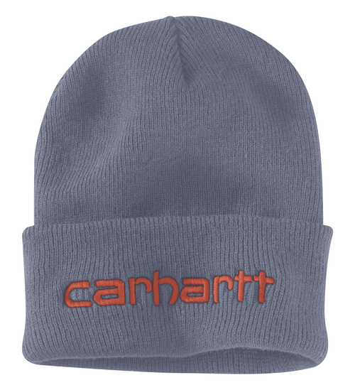 Carhartt knitted insulated logo graphic cuffed beanie hat, warm workwear headwear with branding, suitable for cold weather.