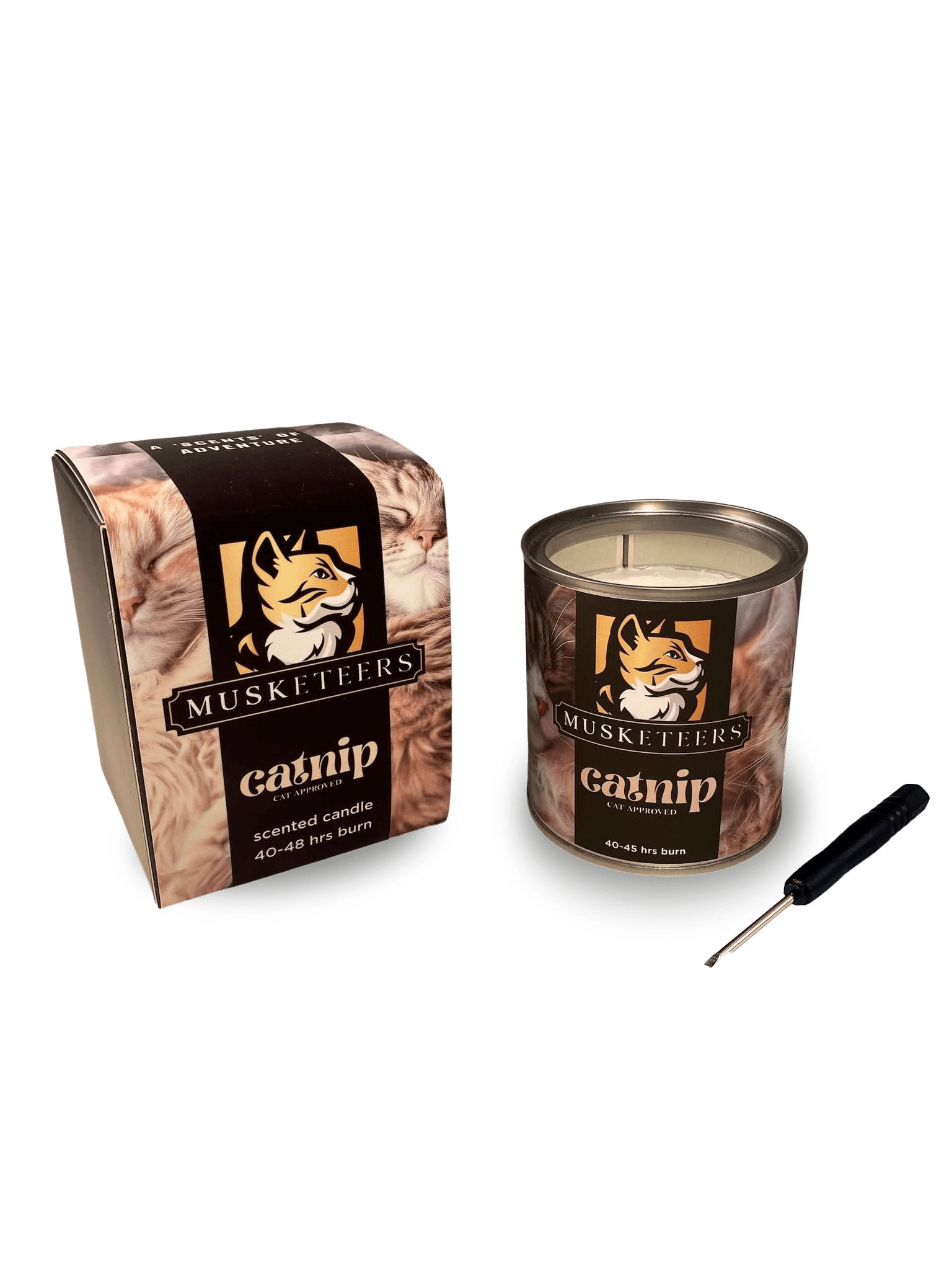 Natural catnip candle for cats by Musketeers, featuring a calming design infused with pure catnip essential oil.