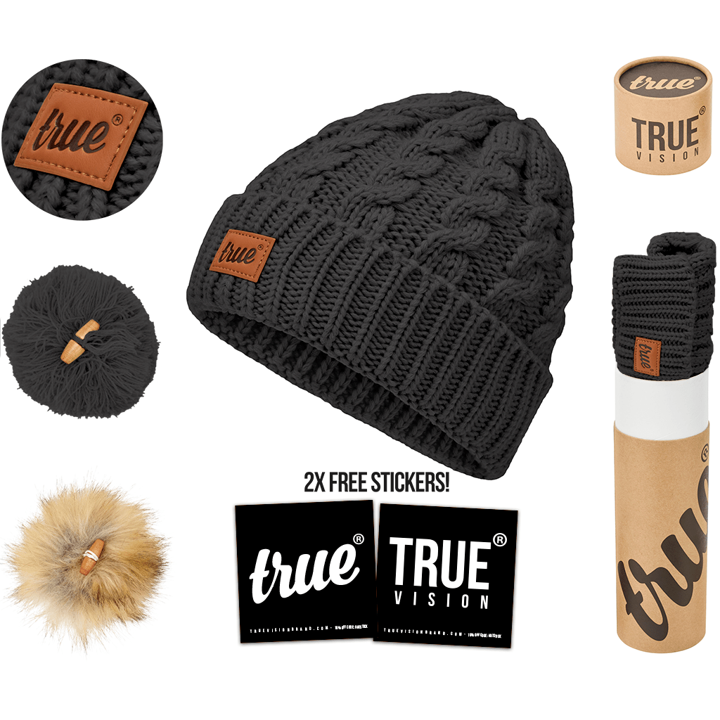 Charcoal bobble beanie hat from truevisionbrand, soft knit winter accessory with a playful pom-pom on top.